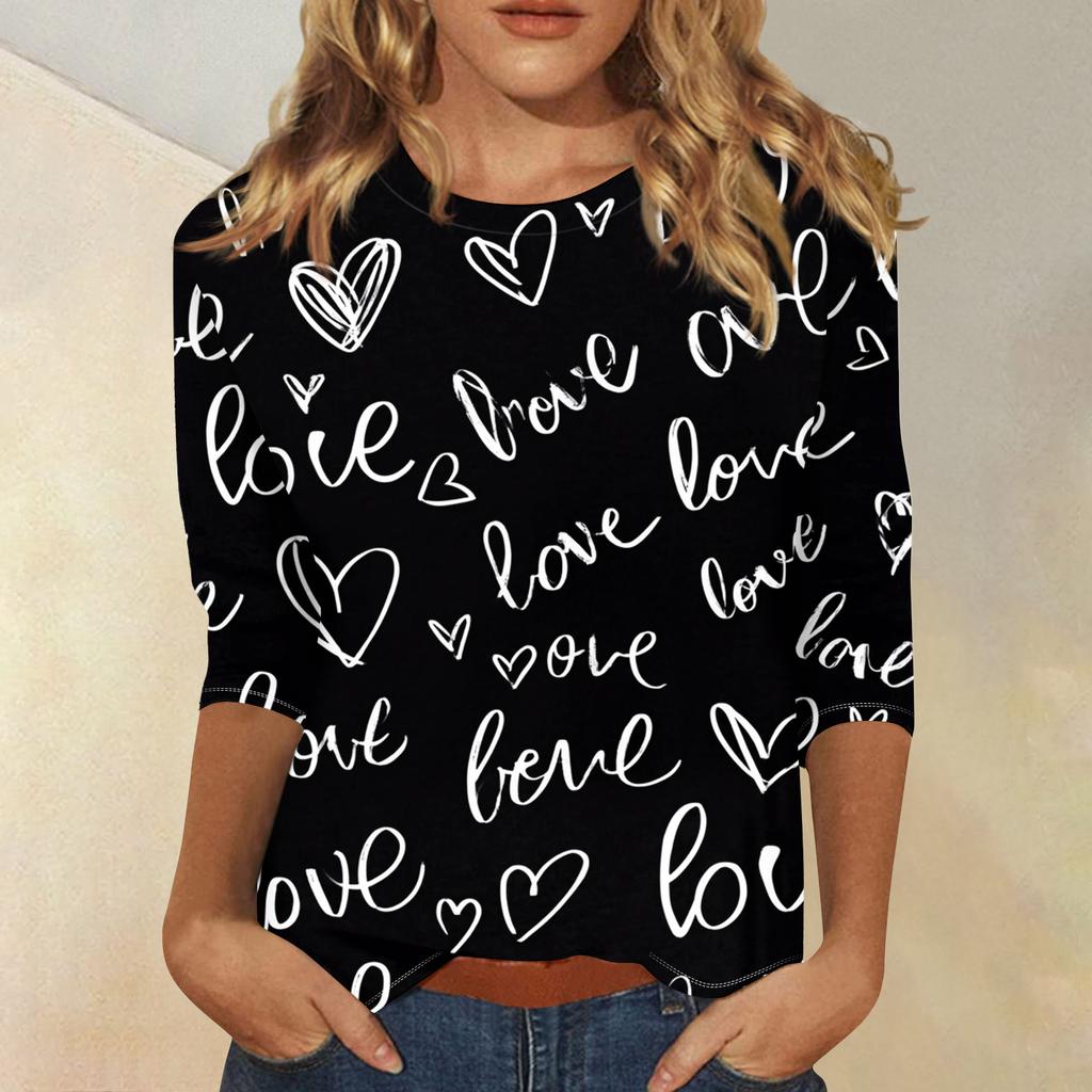 Damen Modisches Lässiges Dreiviertelarm Herzförmig Bedrucktes Rundhals-Top
