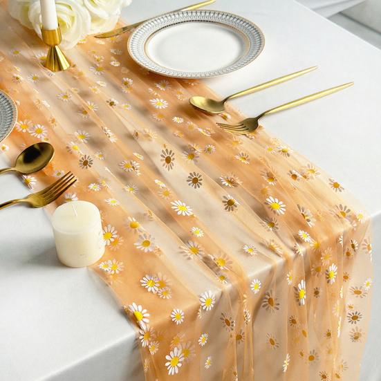 Tüll Gänseblümchen Tischläufer Frühling Blumiger Tischläufer Rustikaler Blumen Tischläufer für Hochzeit Babyparty Geburtstagsparty Bauernhaus Dekor