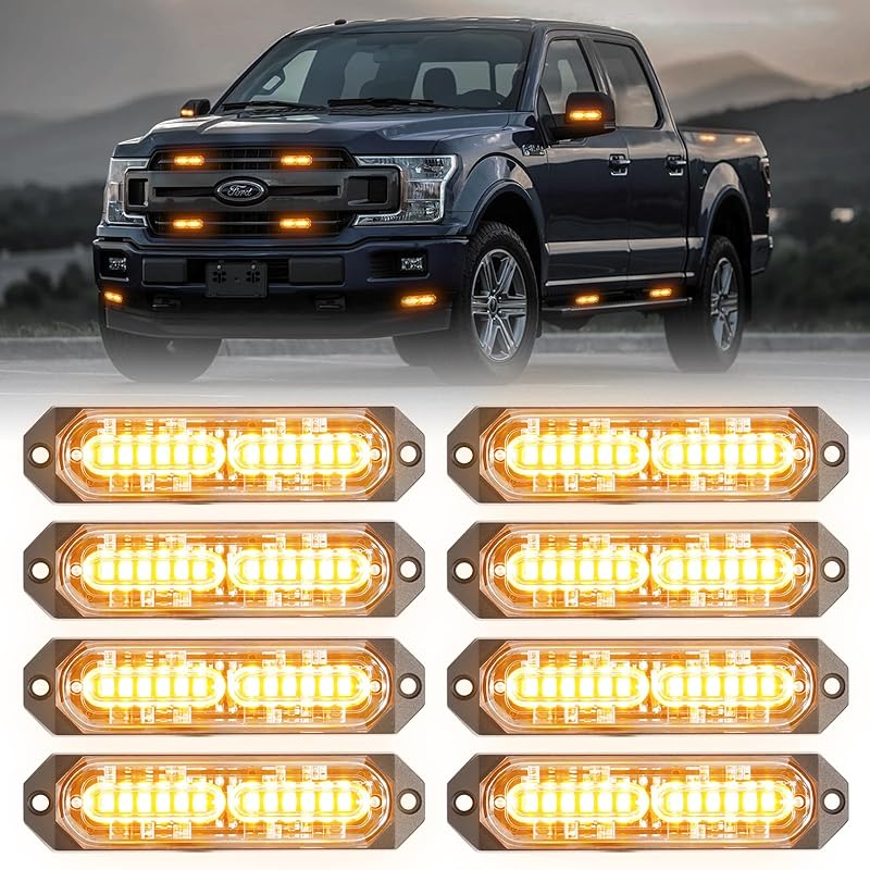 8Pcs Amber White Surface Mount Emergency Strobe Lights For Trucks, Ultra Slim Grille Warning Flashing Light Bar For Vehicles/Car