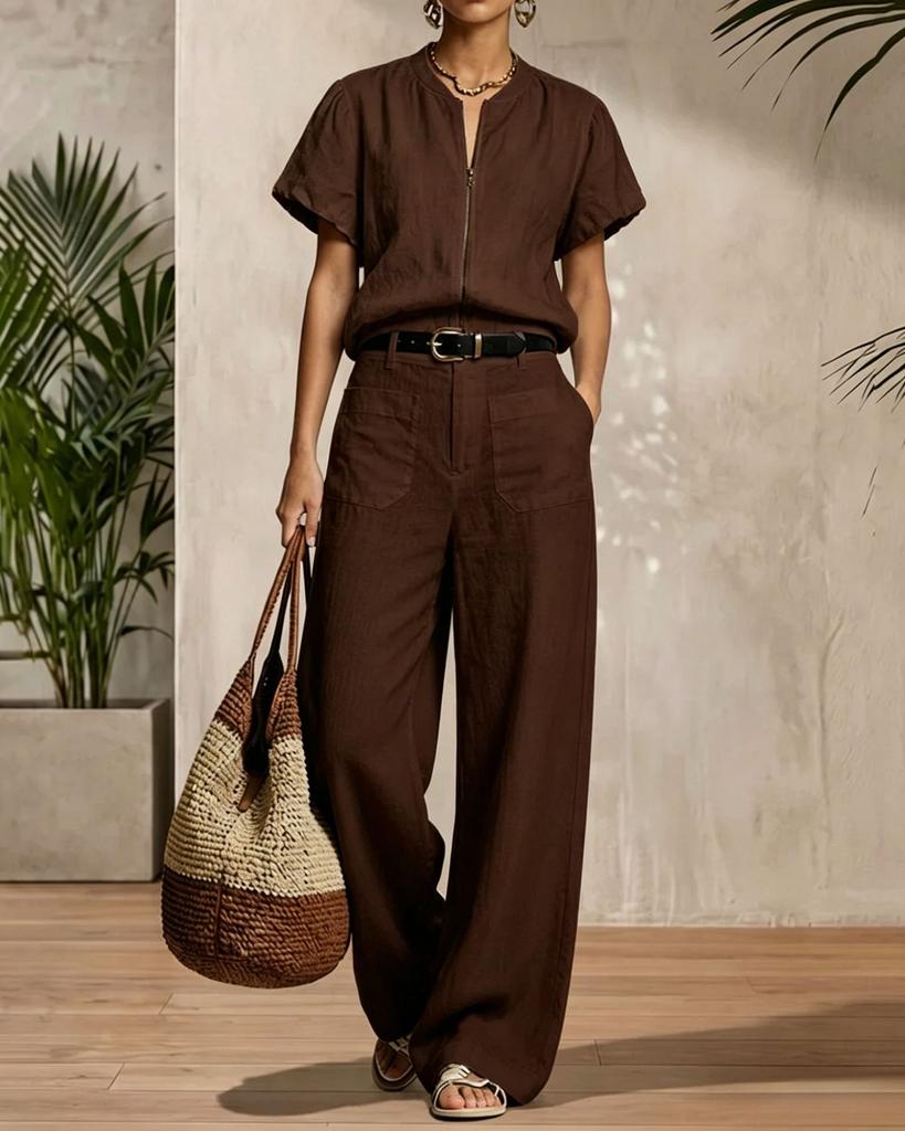 1116 European and American summer women's clothing imitation hemp solid color V-neck short-sleeved top loose wide-leg pants casual suit