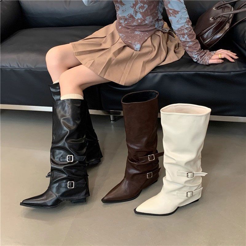 Pointed Buckle Pleated Pile Boots Women's Thick Heel 2025 Punk Style Knight Boots Fried Street Hot Girl High Heel Boots