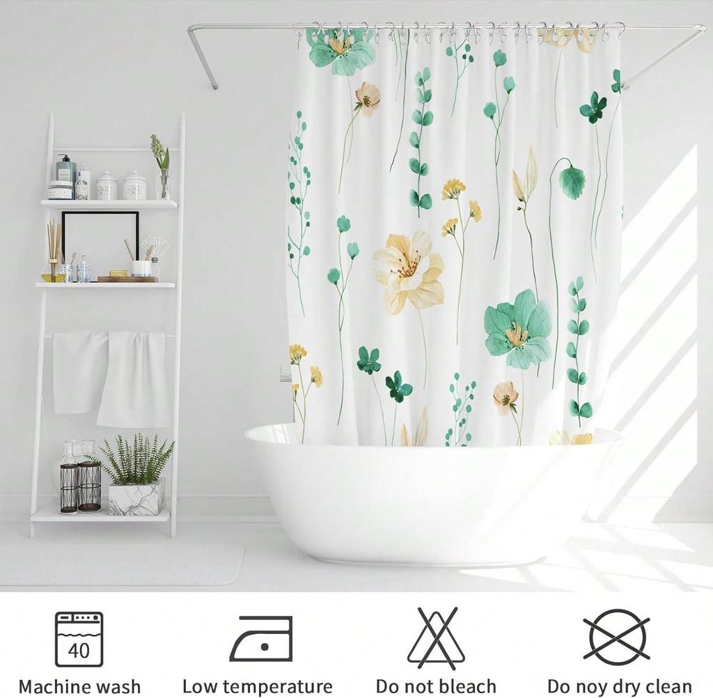 Watercolor Floral Shower Curtain,Mint Green Beige Flower Shower Curtain for Bathroom,Modern Minimalist Waterproof