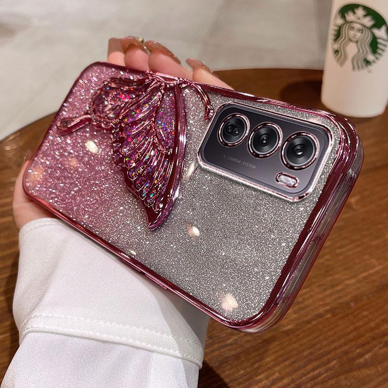 

Роскошный чехол Reno12 5G, чехол-блестяшка с бабочками и зыбучим песком для OPPO Reno 12 11 10 pro A59 A79 A38 A78 A36 A76 A57 A58, противоударный чехол Reno12 розовый