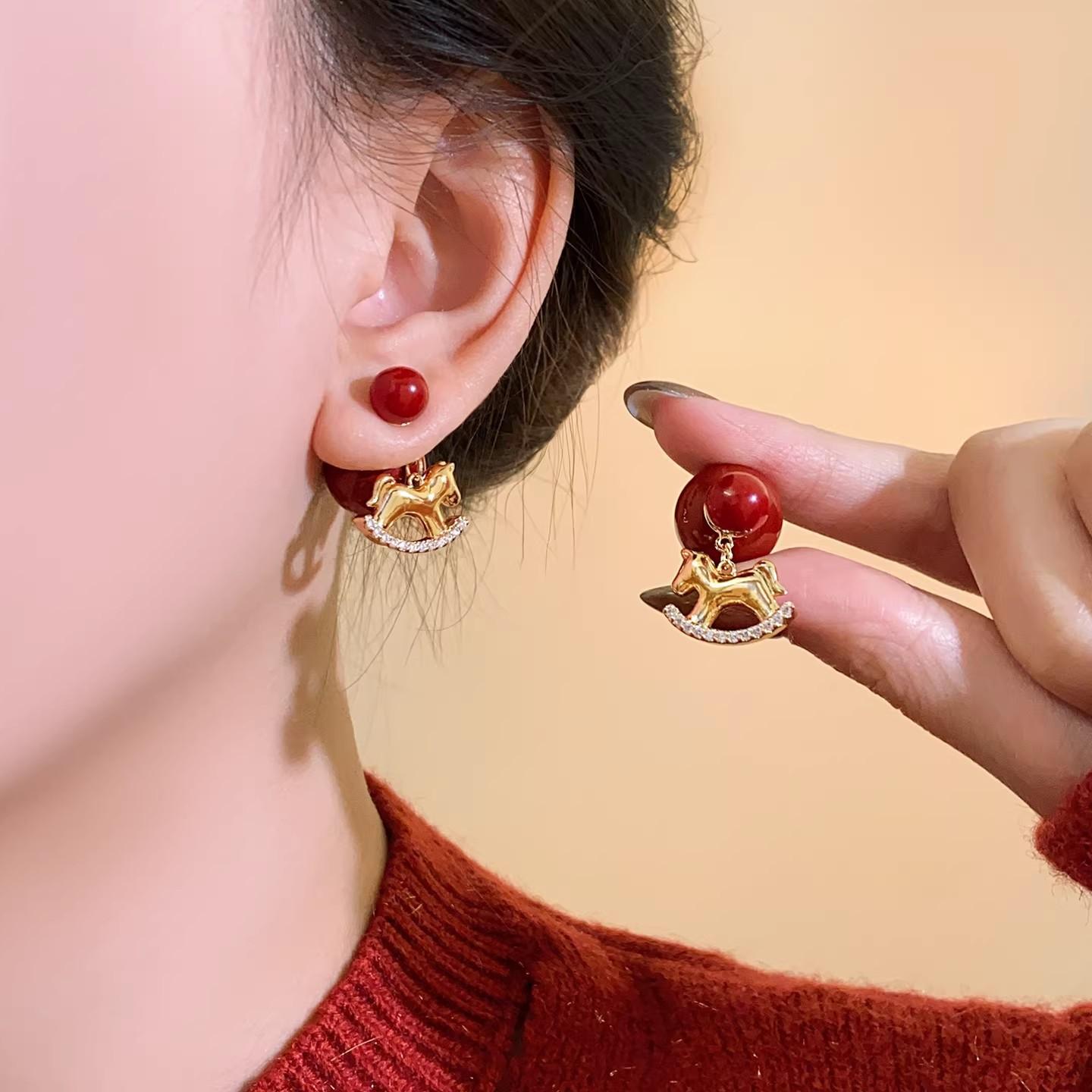 Front and rear red pearl pony natal year earrings New Year s stud earrings temperament earrings accessories