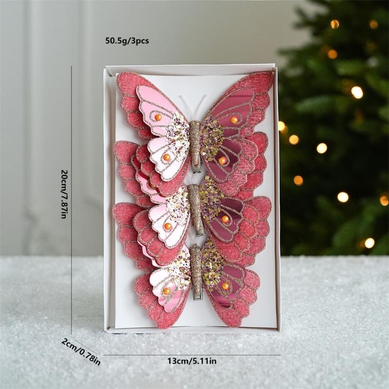 Pack Of 3 Double Layer Butterfly Christmas Tree Clip Accessory Elegant Fabric Ornament For Holiday Decorations