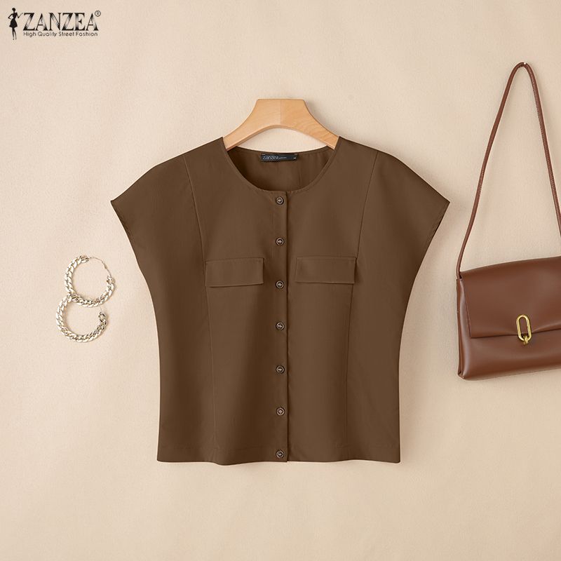 ZANZEA Women Casual Round Neck Solid Color Short Sleeve Blouse