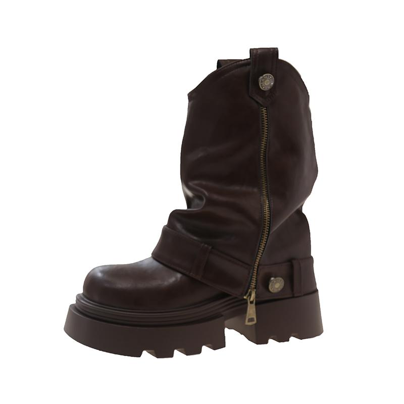 

Женские высокие сапоги на платформе, челси, толстый каблук, короткие плюшевые зимние ботинки до середины голени, зимние трендовые кожаные ботинки на молнии в готическом стиле 2025 года 38