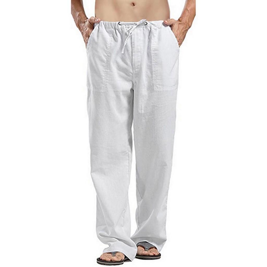 Men Linen Wide Leg Back Pocket Pants Summer Fashion Female Solid Male Streetwear Loose Trousers