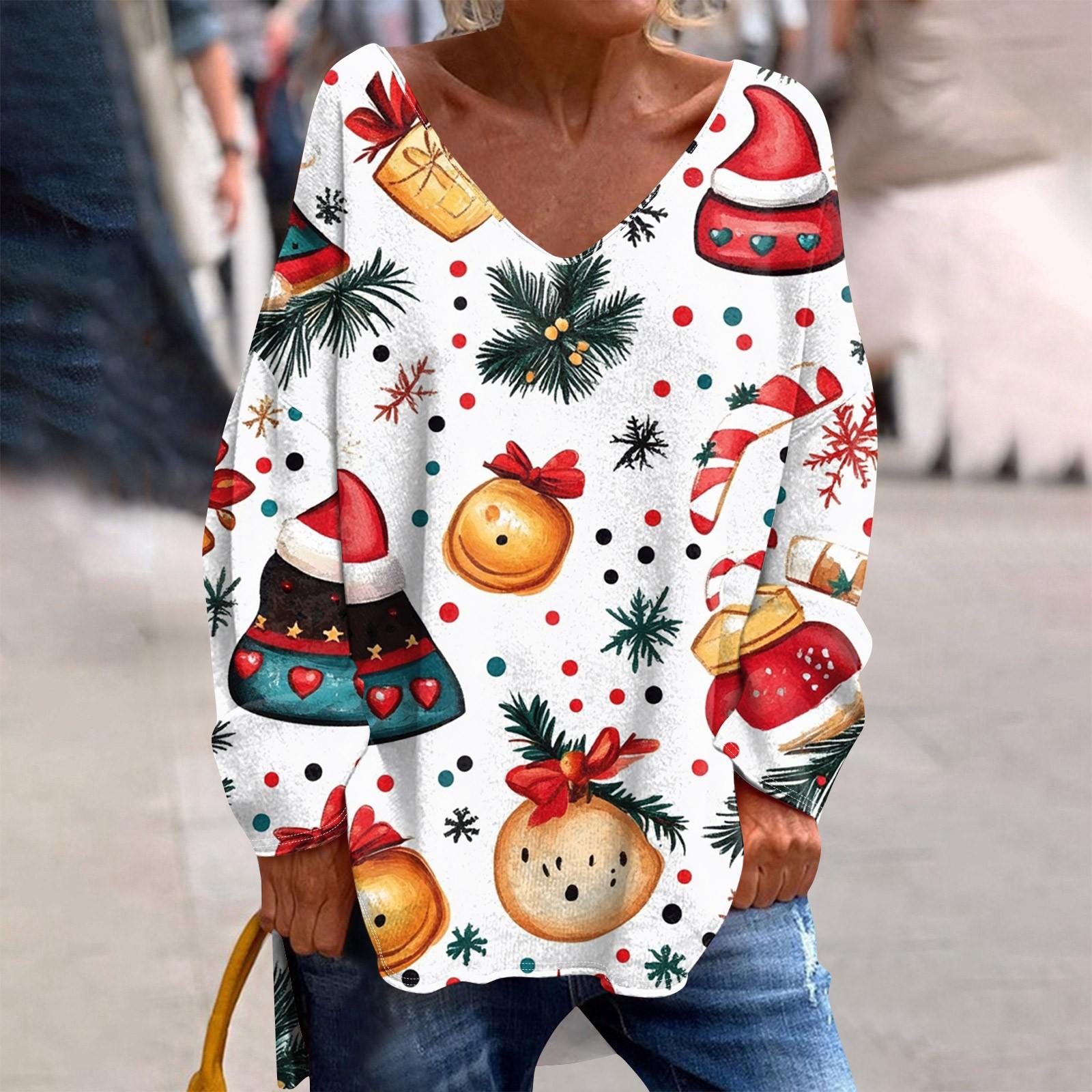 

Женская модная повседневная футболка с длинными рукавами и рождественским принтом с V-образным вырезом XXXL белый