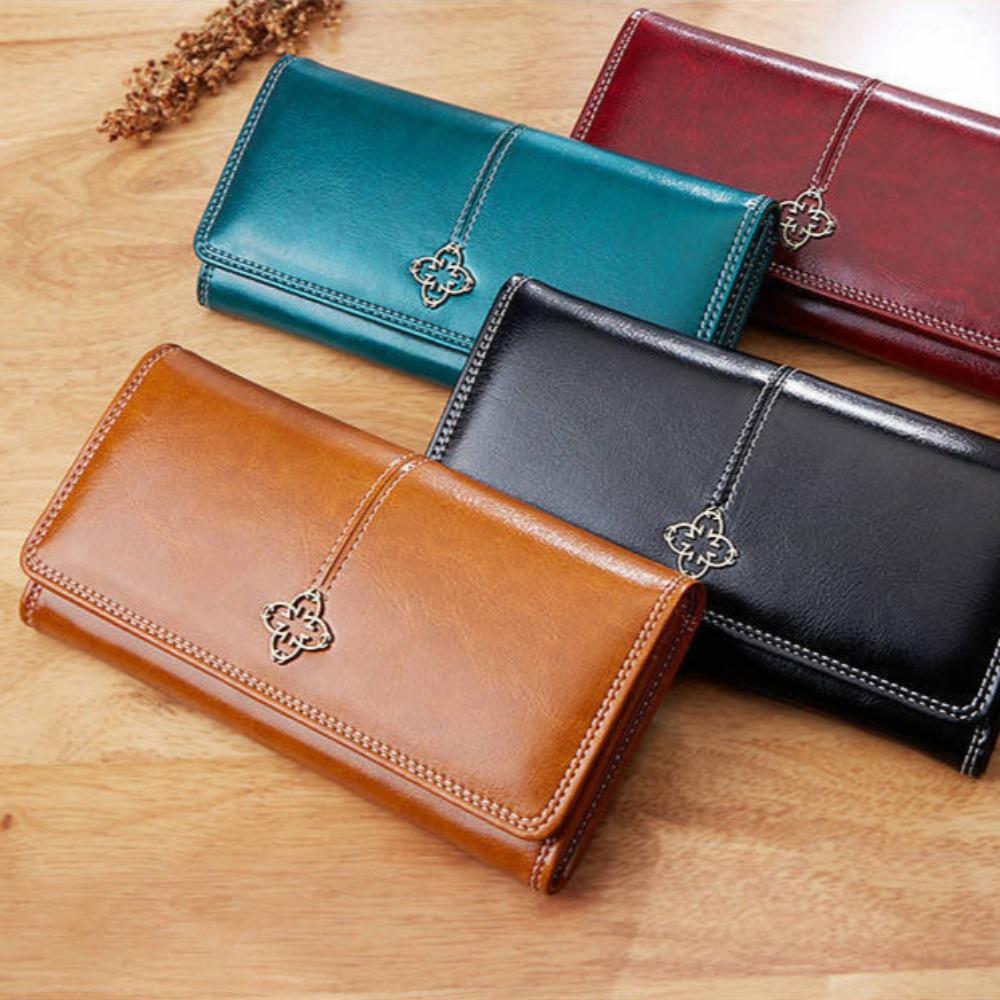 Vintage Fashion Oil Wax Leather Large Capacity Women's Long Wallets Clutch Multi-card Position Foldable Zipper Agraffe