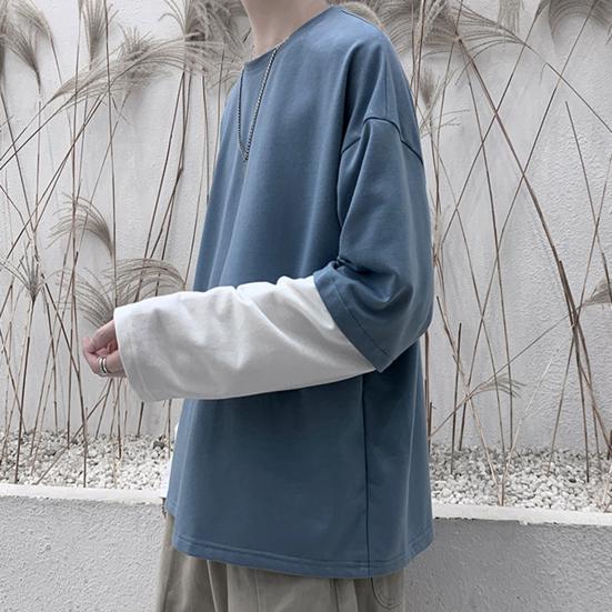 Men Autumn Tops Fake Two-pieced Color Block Pullover Contrast Colors Round Neck Loose Young Style Casual Crew Neck Spring Tops Men Clothes