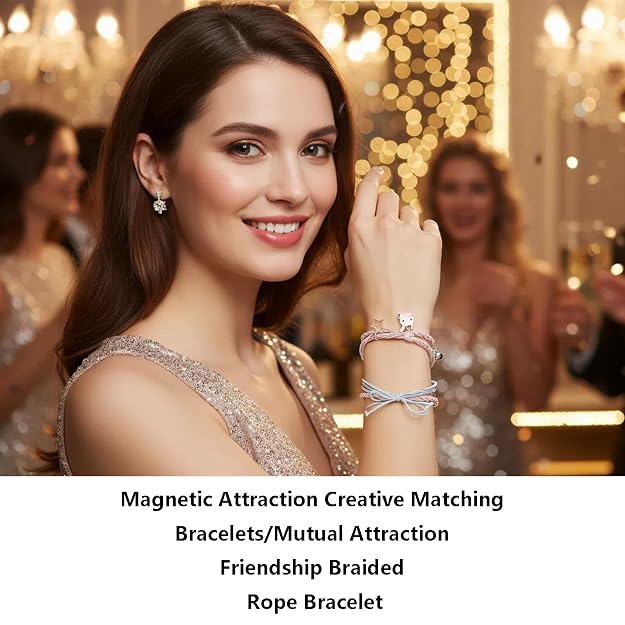 4 Pairs Matching Bracelets for Couples, Best Friends, Rabbit Cat Charm, Rope Braided