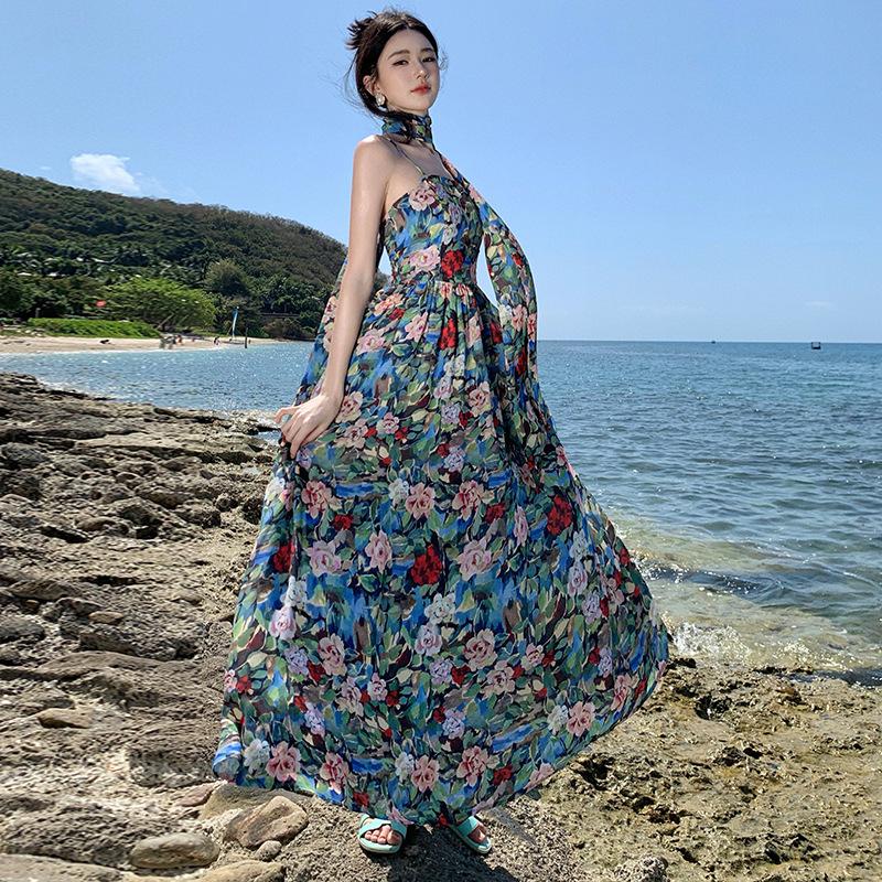 New Summer New Floral Pattern Suspender Dress Long Dress