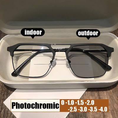 Blue Light Blocking Photochromic Minus Glasses Vintage Double Beam Color Changing Myopia Sunglasses Finished Near Sight Eyewear