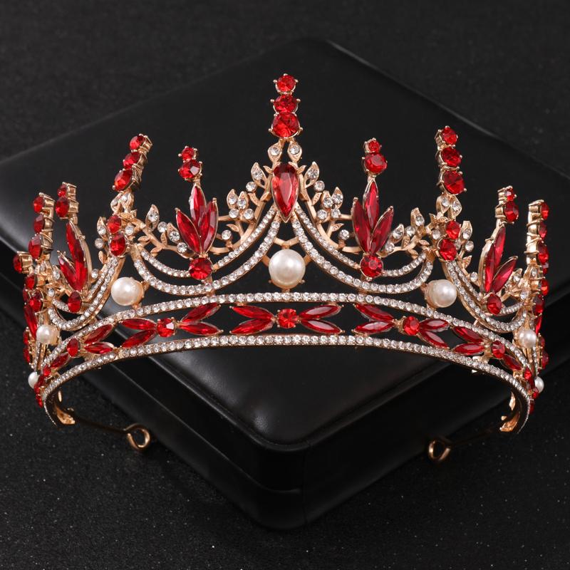 Baroque Red Crystal Tiaras and Crowns Prom Rhinestone Bridal Diadem Crown Taira for Women Wedding Hair Accessories Jewelry Crown
