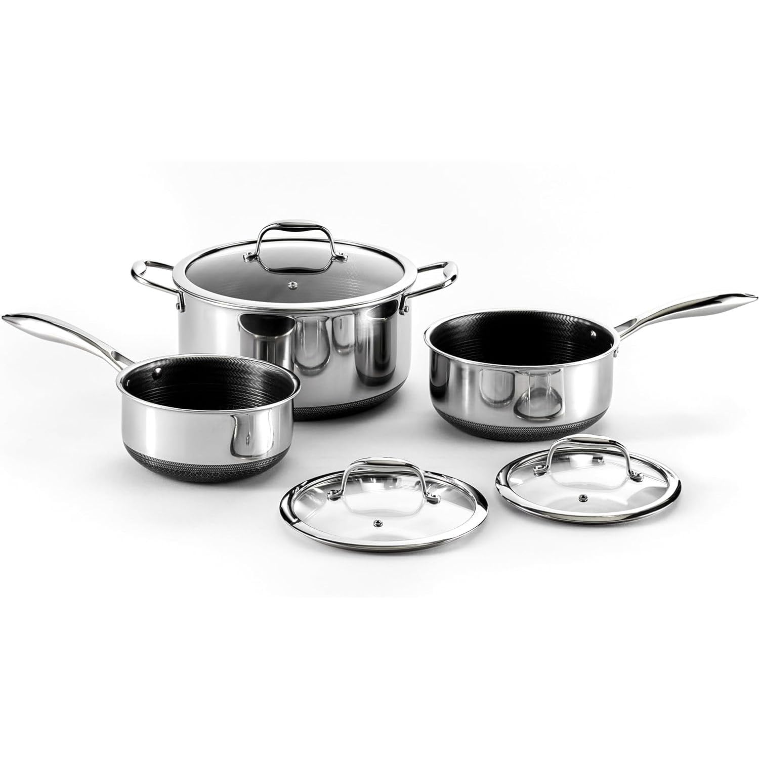 

HexClad Hybrid Cookware Set Lid Safe Direct Sales Lifetime Tempered Glass Lid 3-Piece + [Non-stick Coating] IH/Oven/Dishwasher (Manufacturer Only,