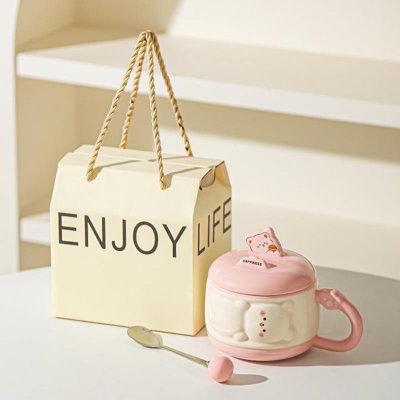 Cute Girl Cartoon Chubby Ceramic Mug with Lid Mobile Phone Stand Cup Birthday Gift Water Cup Souvenir