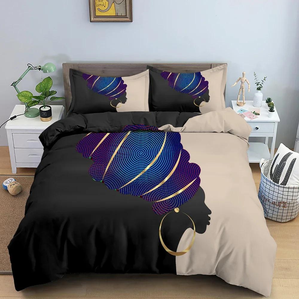 African Woman Duvet Cover Set 3D Cartoon Printed Bedding Set Pillowcase Bedroom Decor King Queen Twin Size Bedclothes 2/3PCS
