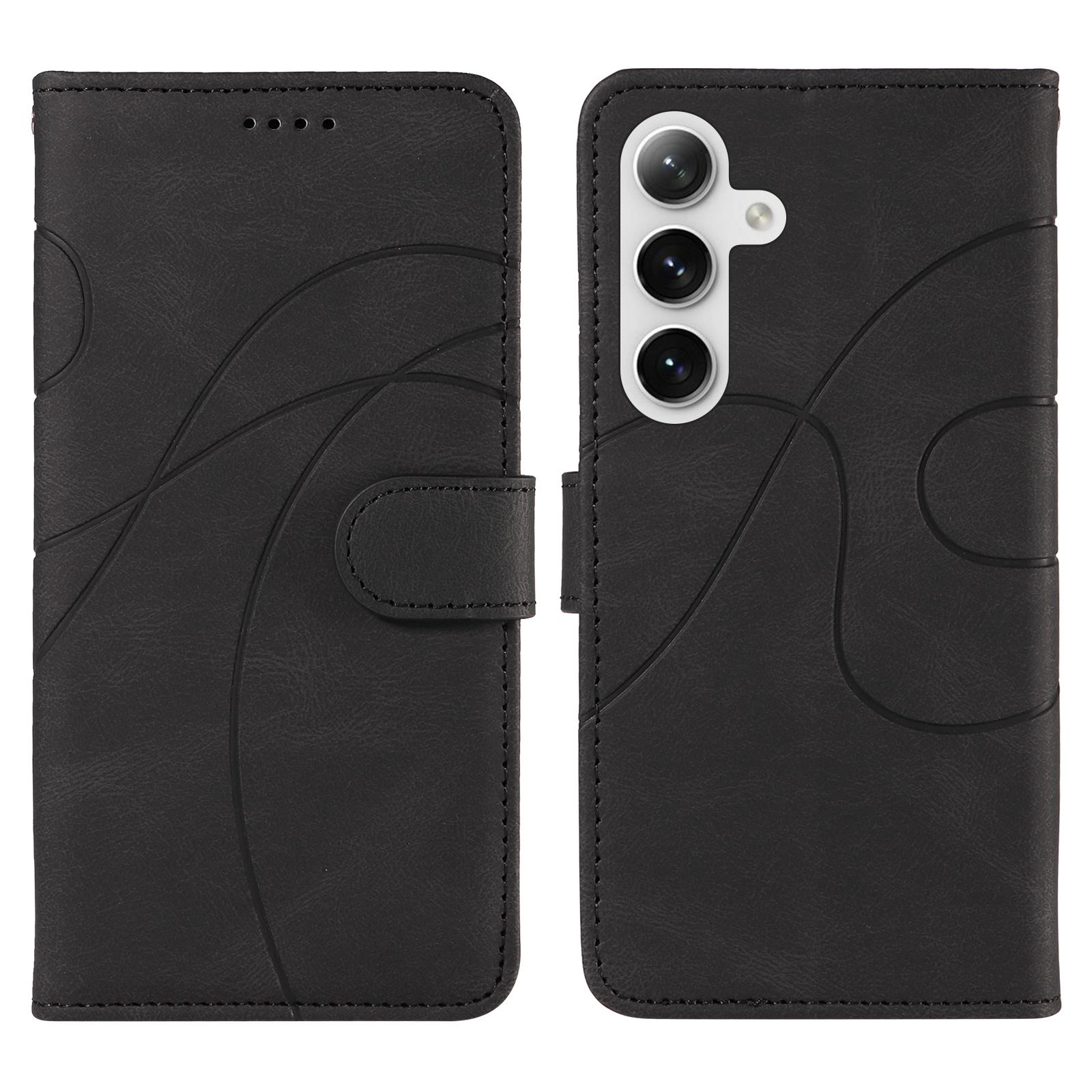 

For Samsung Galaxy S24/Galaxy S25 Wallet Case Leather Phone Cover Stand with Curved Line Design - Black A