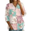 Women's Button Front Shirt Patchwork Print Loose Fit Three Quarter Sleeve Blouse Collared Neck Casual Top