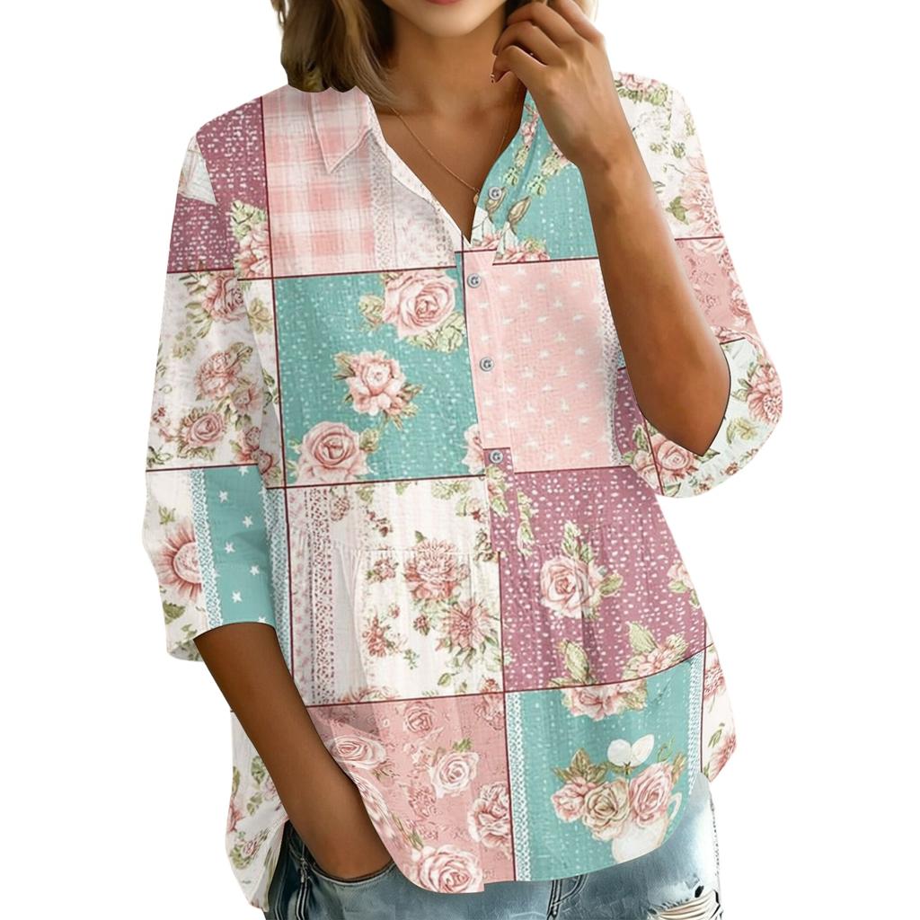 Women's Button Front Shirt Patchwork Print Loose Fit Three Quarter Sleeve Blouse Collared Neck Casual Top