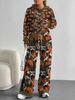 European, American autumn and winter blue splicing flower casual long-sleeved suit women's hooded sweater trousers two-piece set