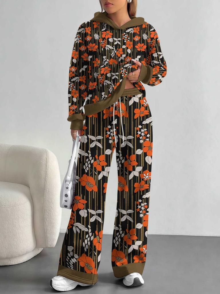 European, American autumn and winter blue splicing flower casual long-sleeved suit women's hooded sweater trousers two-piece set