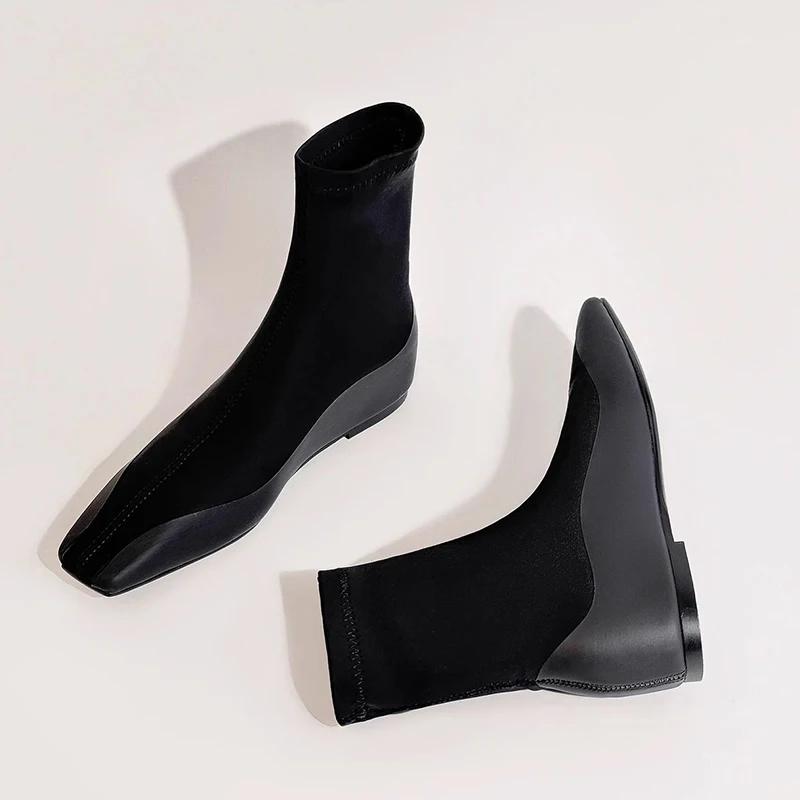Ankle Boots Women Fashion Square Toe Flats Leather Shoes Woman Goth 2024 Trend Winter New Classic Snow Chelsea High Botas Mujer