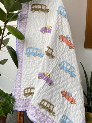 Car Kids Quilt Handblock Print- 60*40 Inches