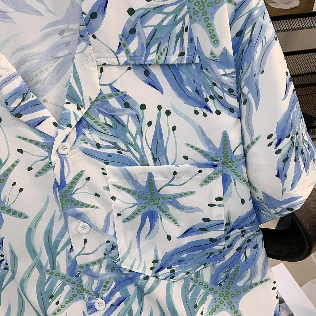 Strapping Rural Plant Floral Print Cuban Collar Short Sleeve Printed Shirt Men's Hawaiian Japanese-Style Retro Hong Kong Style Casual Top