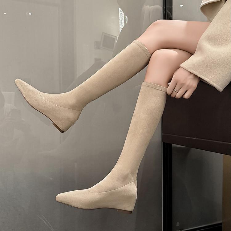 

Модные ботфорты до колена с острым носком, эластичные по высоте голенища, женская осенняя обувь, модные однотонные замшевые слипоны на плоской подошве, длинные носки-ботинки 35 абрикосовый