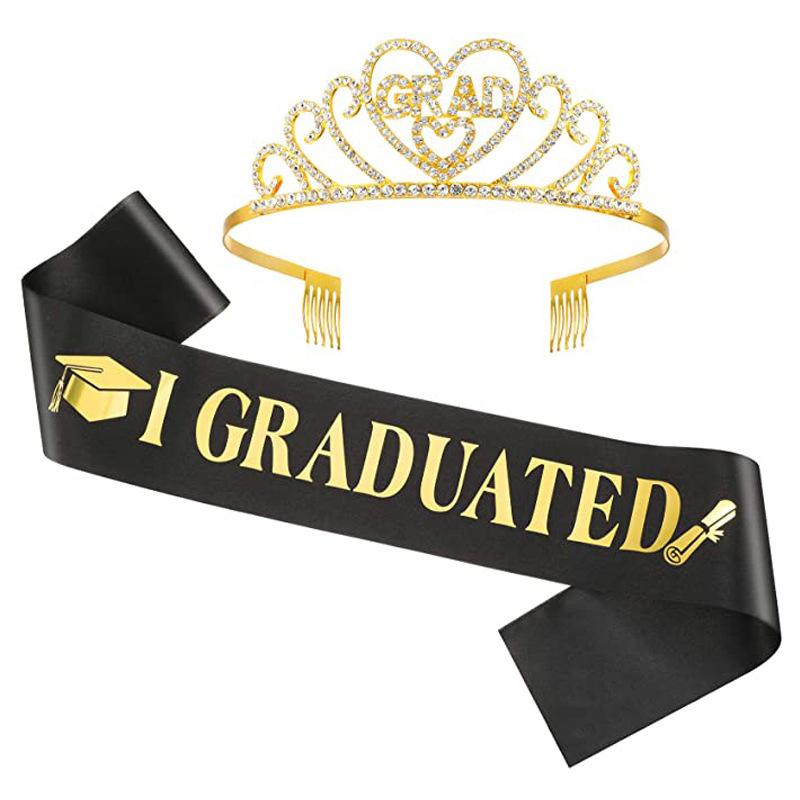 Graduated Satin Sash Glitter Crown For Graduation Party Decoration Photo Booth Props Bachelor Graduated Supplies