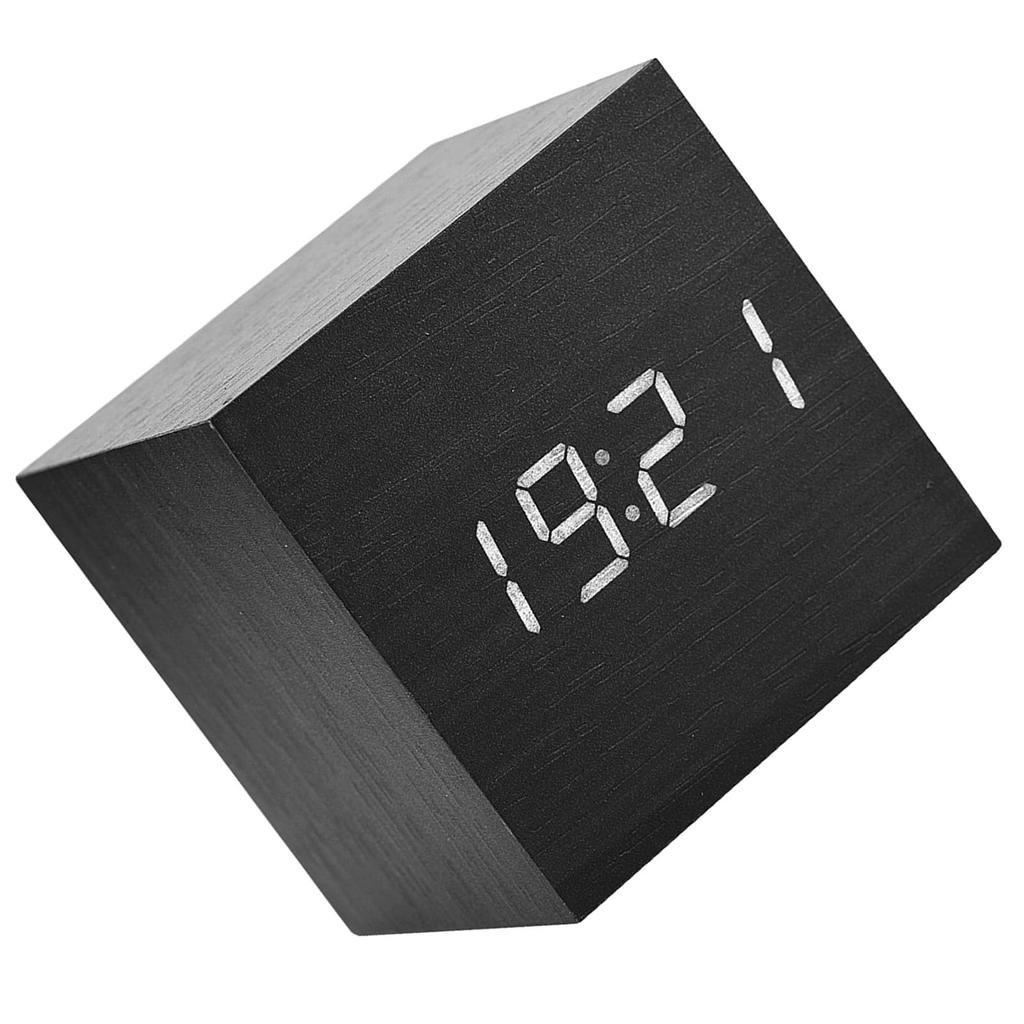 Wooden Digital Alarm Clock with Temperature LED Display and Voice Control for Home and Office (Black Wood + White Light)