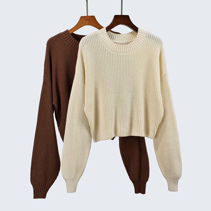 Export Cut Label Spring and Autumn O-neck Short Loose Long Sleeves Lazy Knitting Sweater Pure Color Pullover Women's Clothing Tops