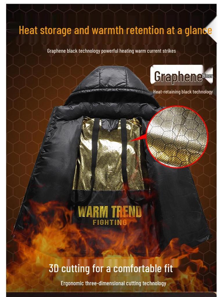 Men's High-End Black and Gold Cotton Hooded Winter Jacket – Warm, Thick, Windproof, Cold-Resistant Outerwear