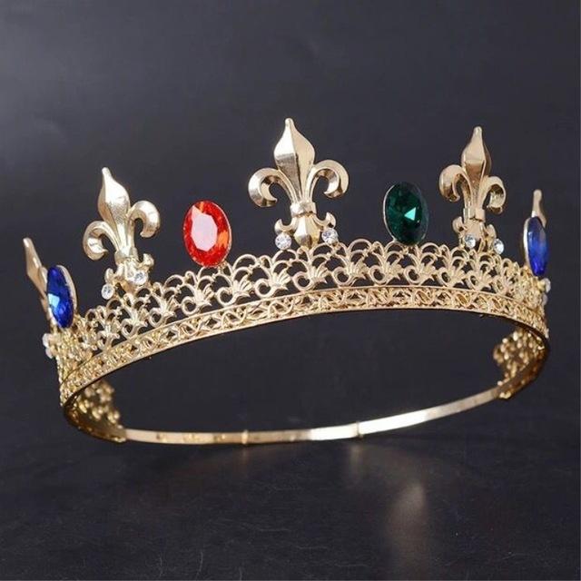 Baroque Vintage Royal King Crowns For Men Full Round Sliver Big Gold Tiaras And Crowns Prom Party Costume Hair Accessories Men