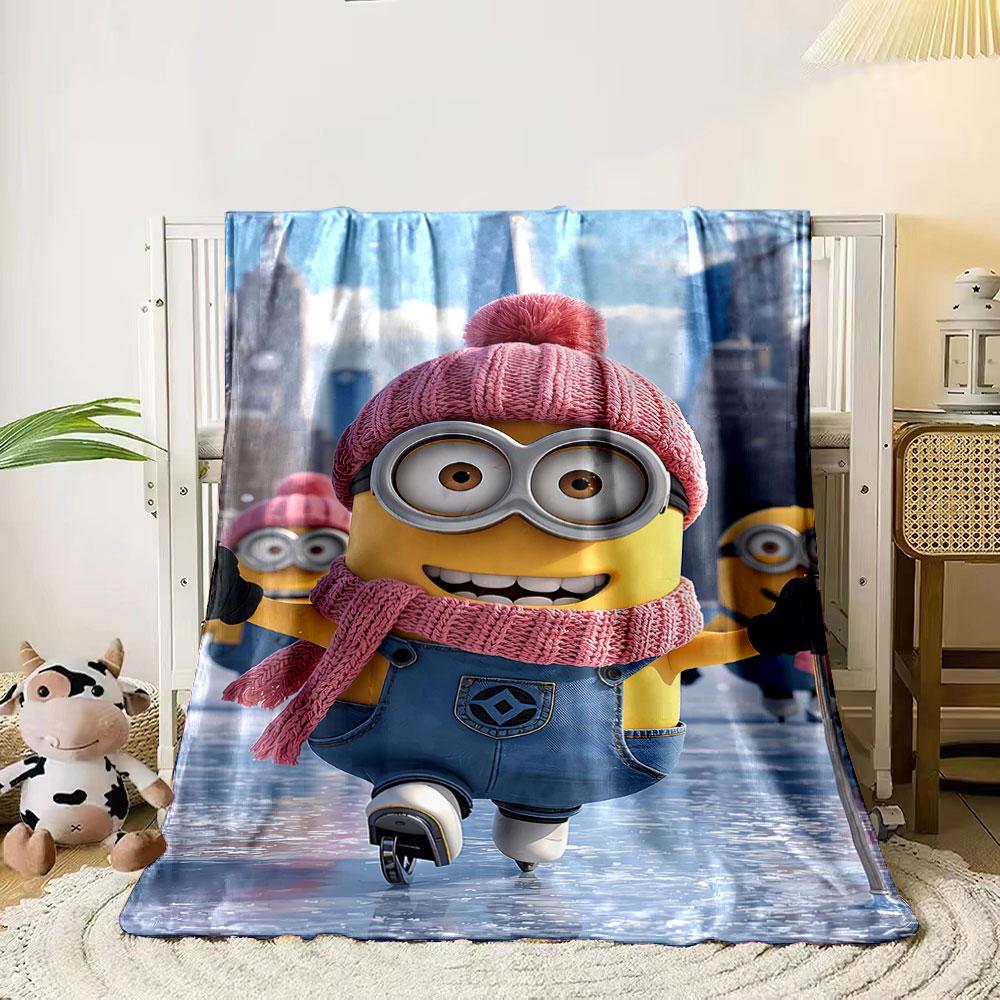 

A cheerful character in pink winter wear skating on icy ground outdoors. for all seasons blanket lunch break throw gift 80cm x 120cm