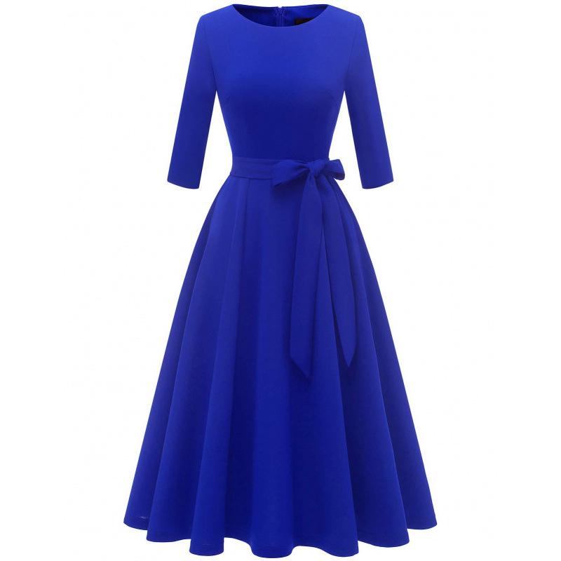 Abito da sera casual da donna in stile europeo e americano, girocollo, manica a 3/4, tinta unita, con ampio orlo