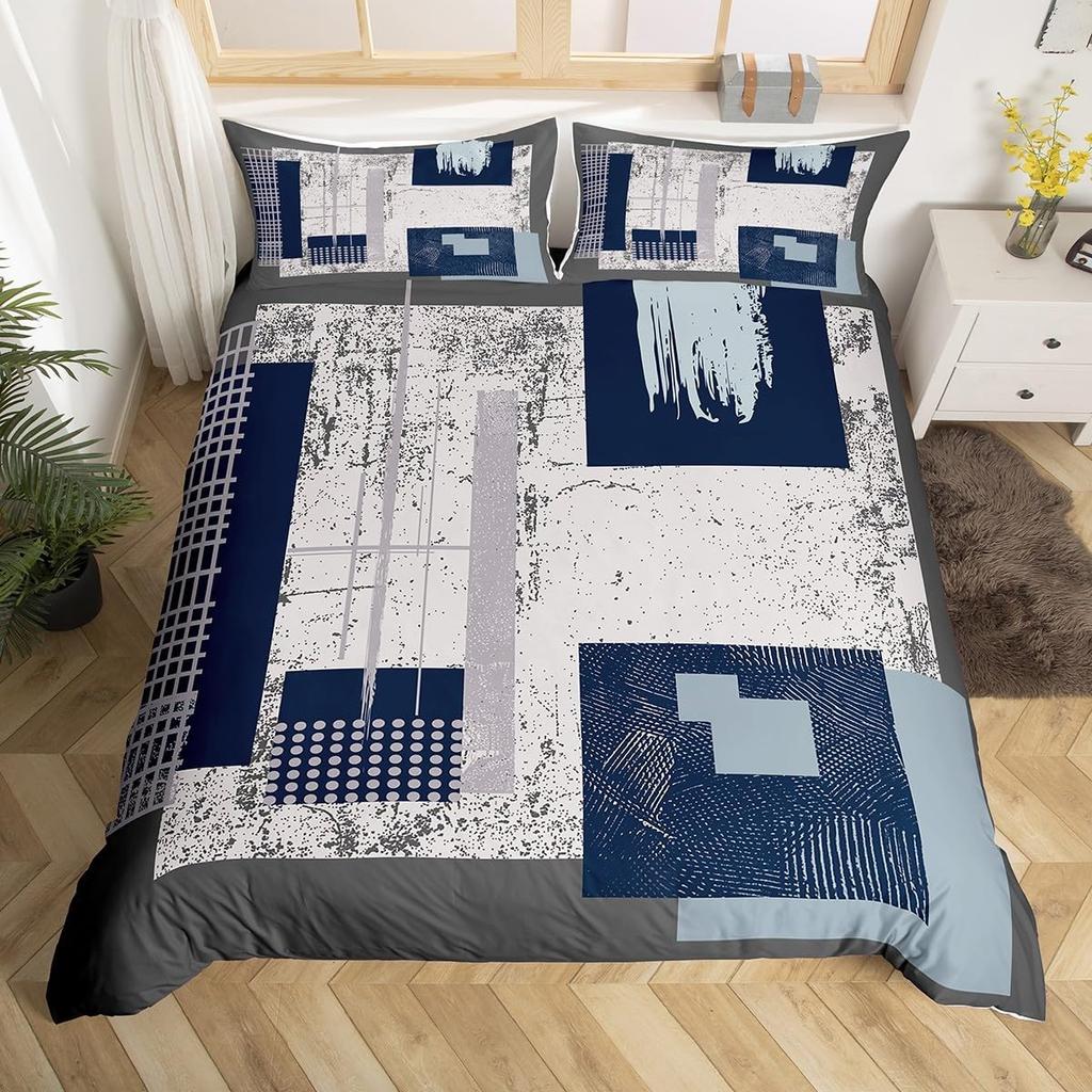 Vintage Striped Line Art Duvet Cover King Size Set Grey Black Red Orange Bedding Set Geometric Oil Painting Graffiti Decoration