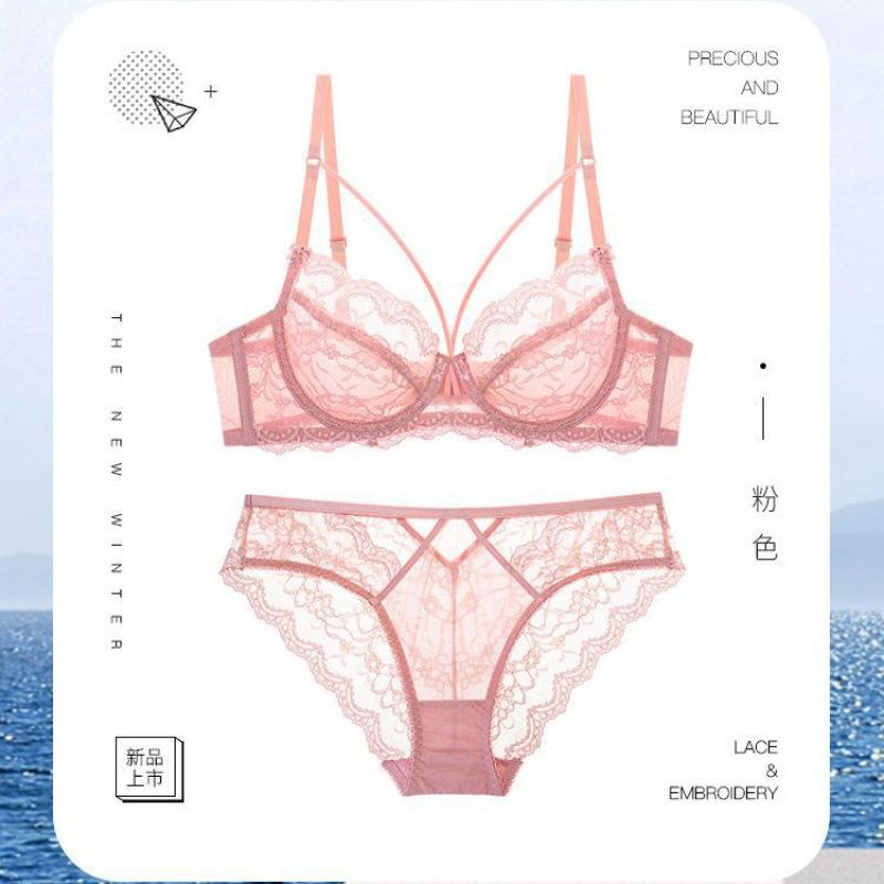 Sexy lace summer ultra-thin without sponge transparent bra bra women's underwear big chest small bra set
