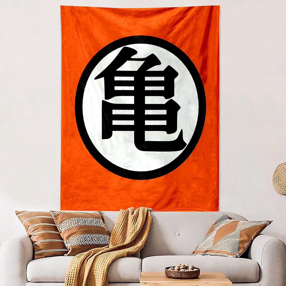 "Turtle Kanji Symbol on Orange Background" Patterned tapestry home decor, suitable for bedroom and living room, gift