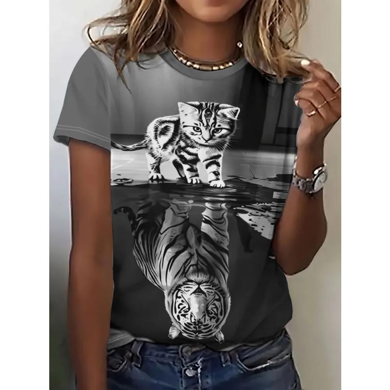 Comfortable Tee Fashion Women's Color Animal Short Sleeve Crew Neck T-Shirt Crew Neck Short Sleeve 3D Animal Color Printing Tops