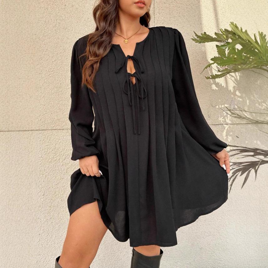 Loose Plus Size Solid V Neck Long Sleeve Casual Dress