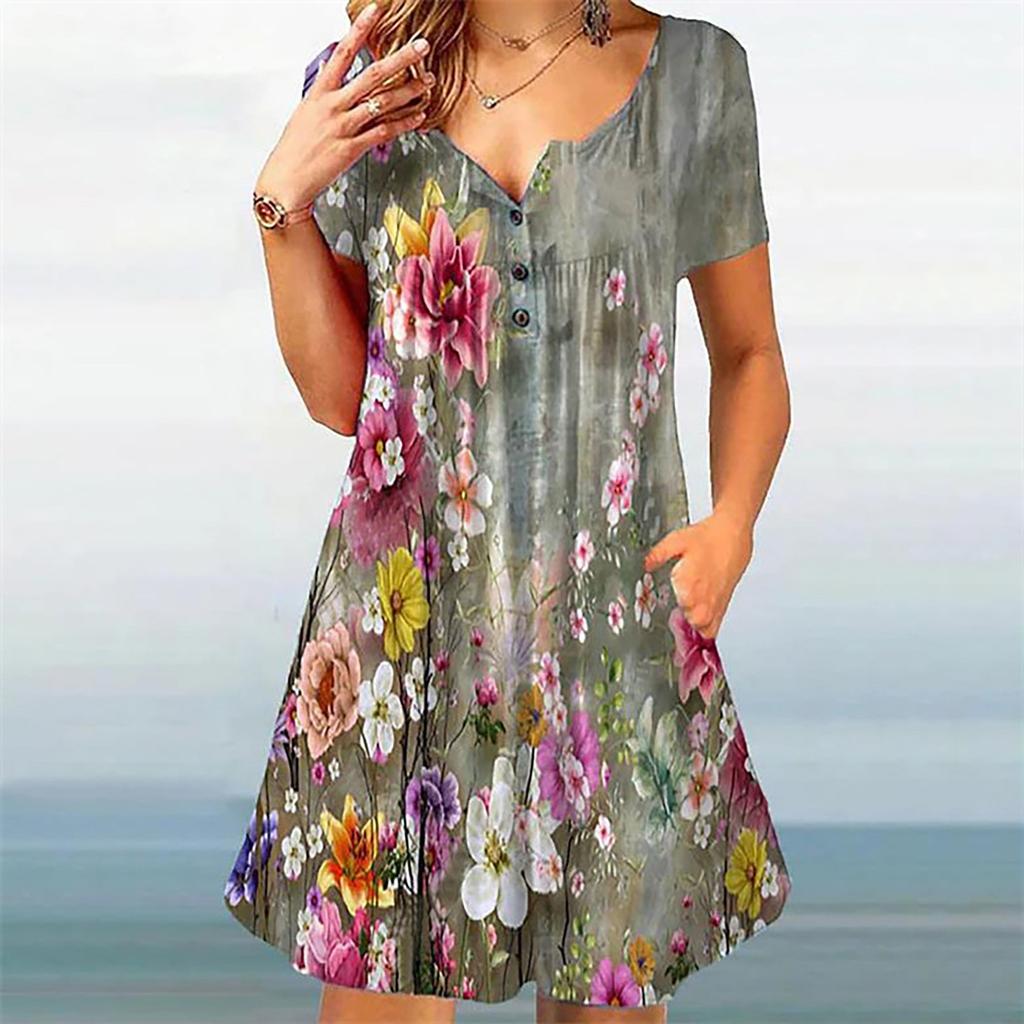 Ladies Casual Round Neck Button Ruched Trim Printed High Waist Loose Dress