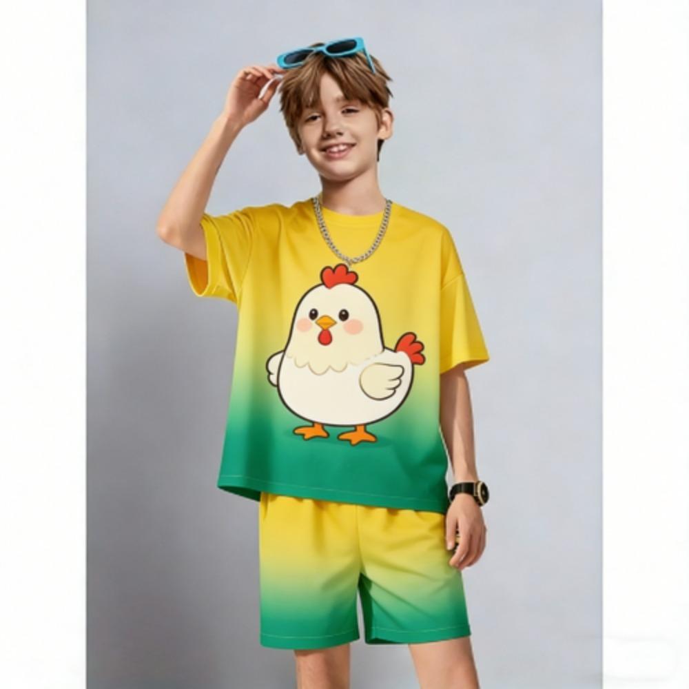 Kids Set Anime Cartoon Chicken Printed Kids T-shirt and Shorts 2 Piece Set Summer Casual Outdoor Boys and Girls Outfit Kids Clothing