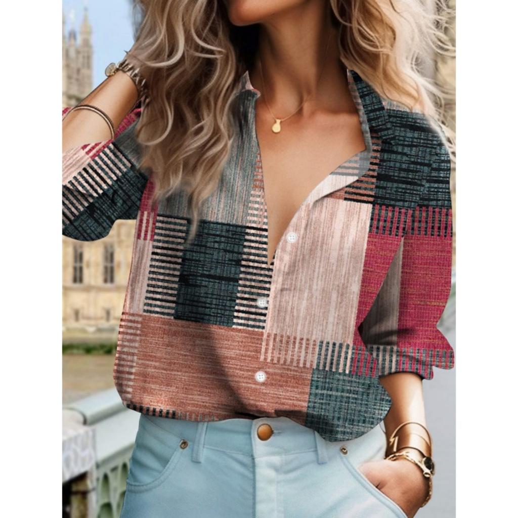 Patchwork Plaid Long-Sleeve Shirt, Stylish Casual Top for Everyday Wear.