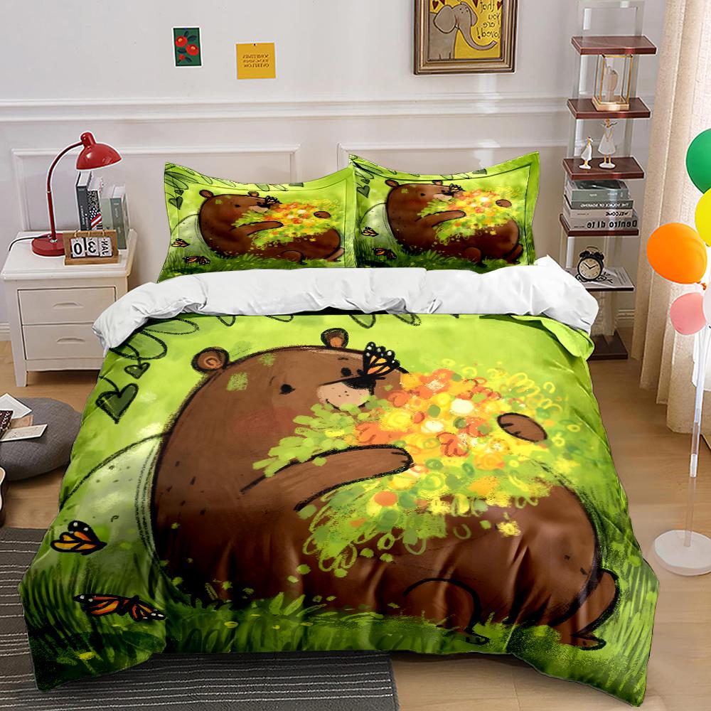 Bear Hugging Flowers With Butterflies Bedding Set For Kids Luxury Gift 3Pcs Digital Print Comforter Set Soft Comfortable