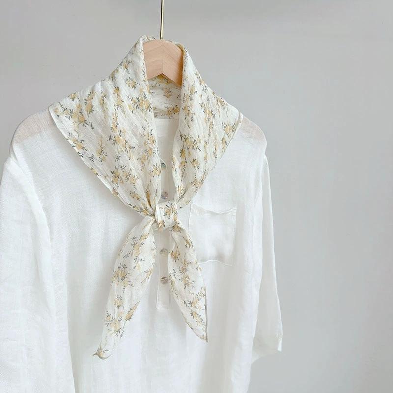Spring And Summer 100% Linen Floral Thin Neck Scarves Square Scarf Neckerchief 70*70cm Office Hijab Headband Female Foulard