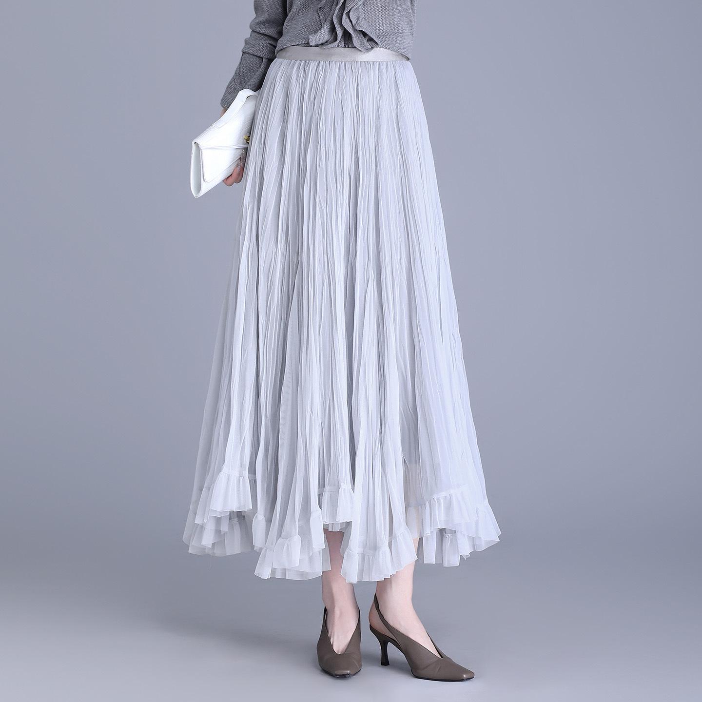 

Irregular Mesh Pleated Midi Skirt: Stylish High-Waisted Spring 2026 Collection One Size сірий колір