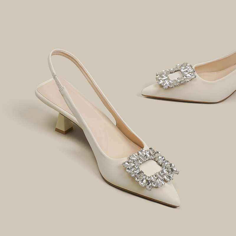 Baotou French high heels women's 2025 new temperament socialite Xiaoxiangfeng Baotou sandals rhinestone pointed single shoes women